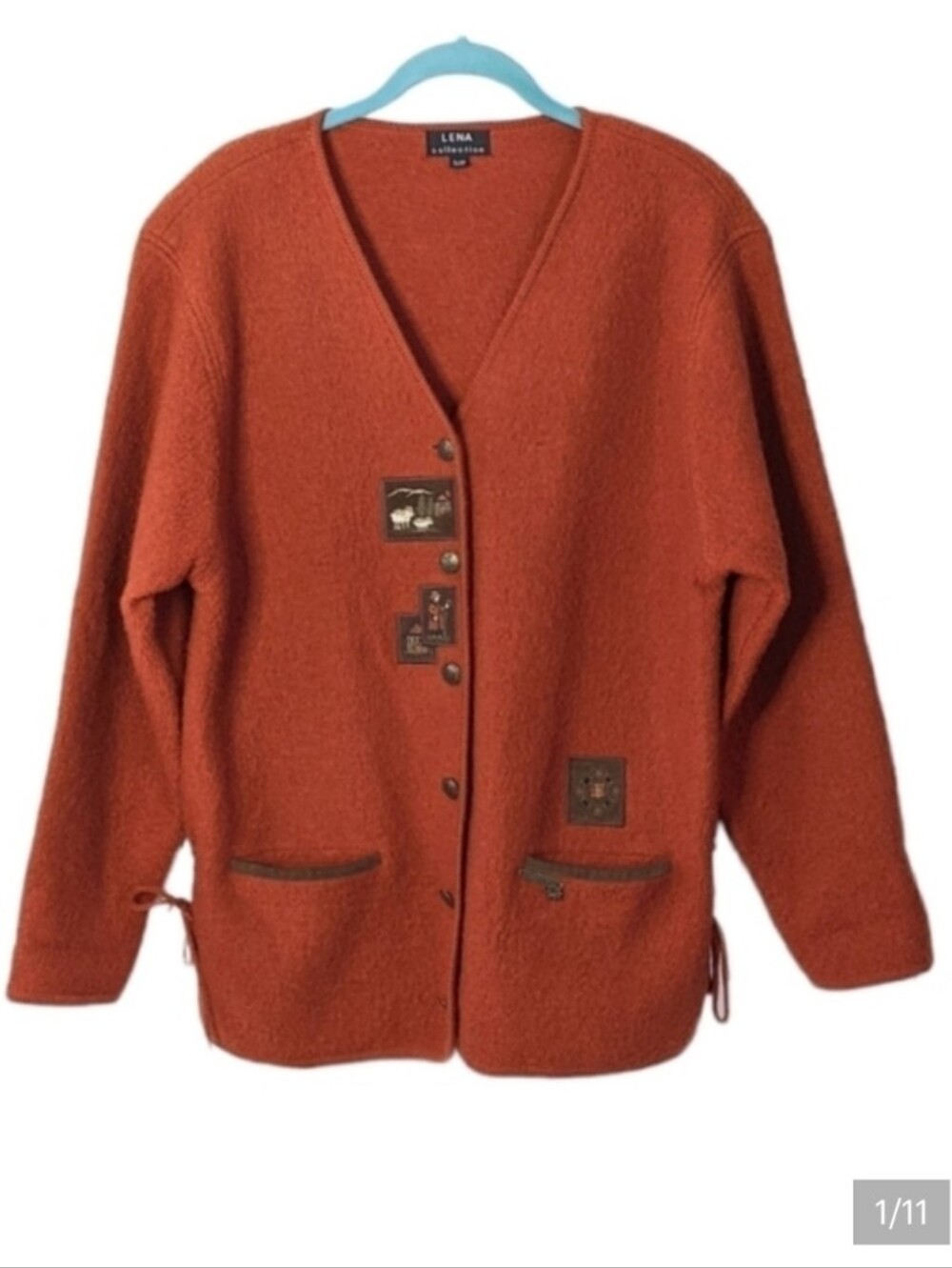 Vintage Lena collection boucle knit embroidered wool cardigan rust brown Small